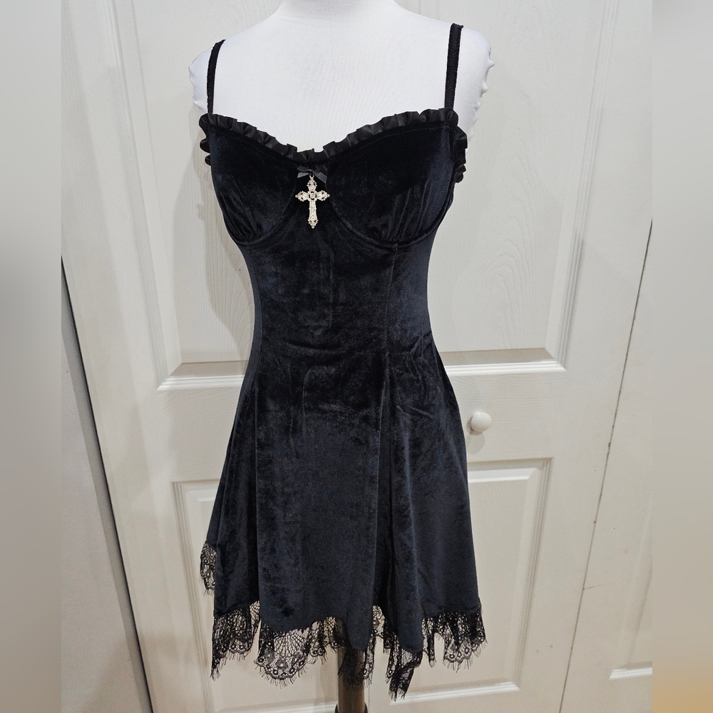 Dolks Kill Widow Goth Witchy Midnight Blind Faith Black Velvet Sexy Mini Dress S - Picture 6 of 8